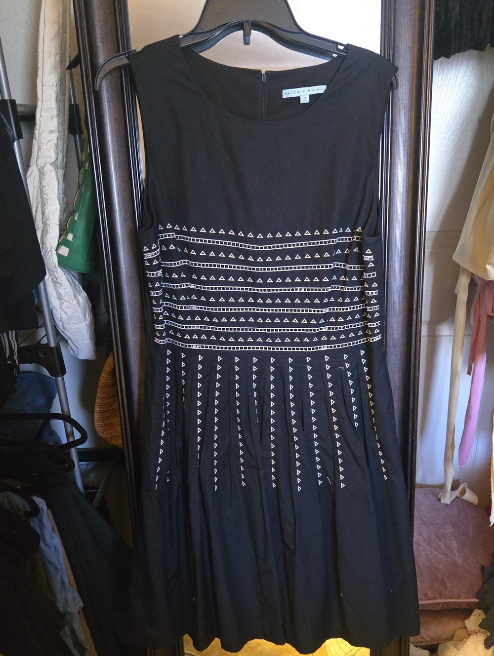 ANTONIO MELANI Black Midi Dress with White Geometric Trim